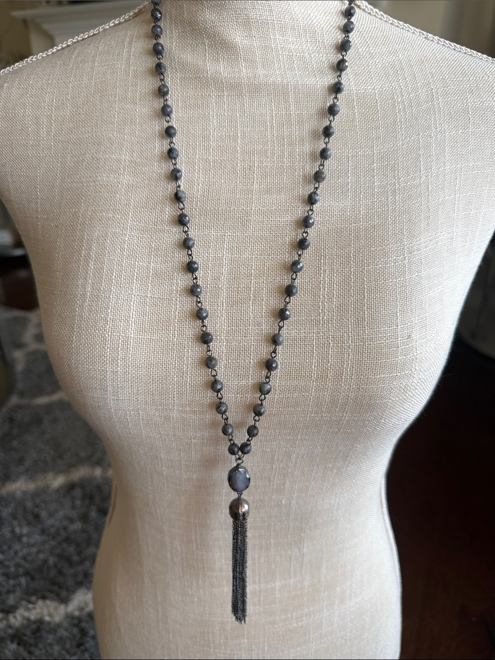 Long Grayish - Blue Beaded Tassel Necklace - Classic Women’s Jewelry